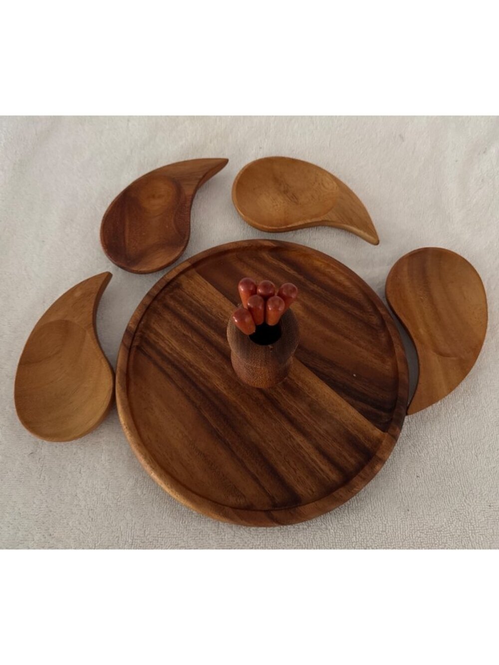 Crate & Barrel Wooden Appetizer Serving Tray Removable Dishes & Forks 12" Diamet